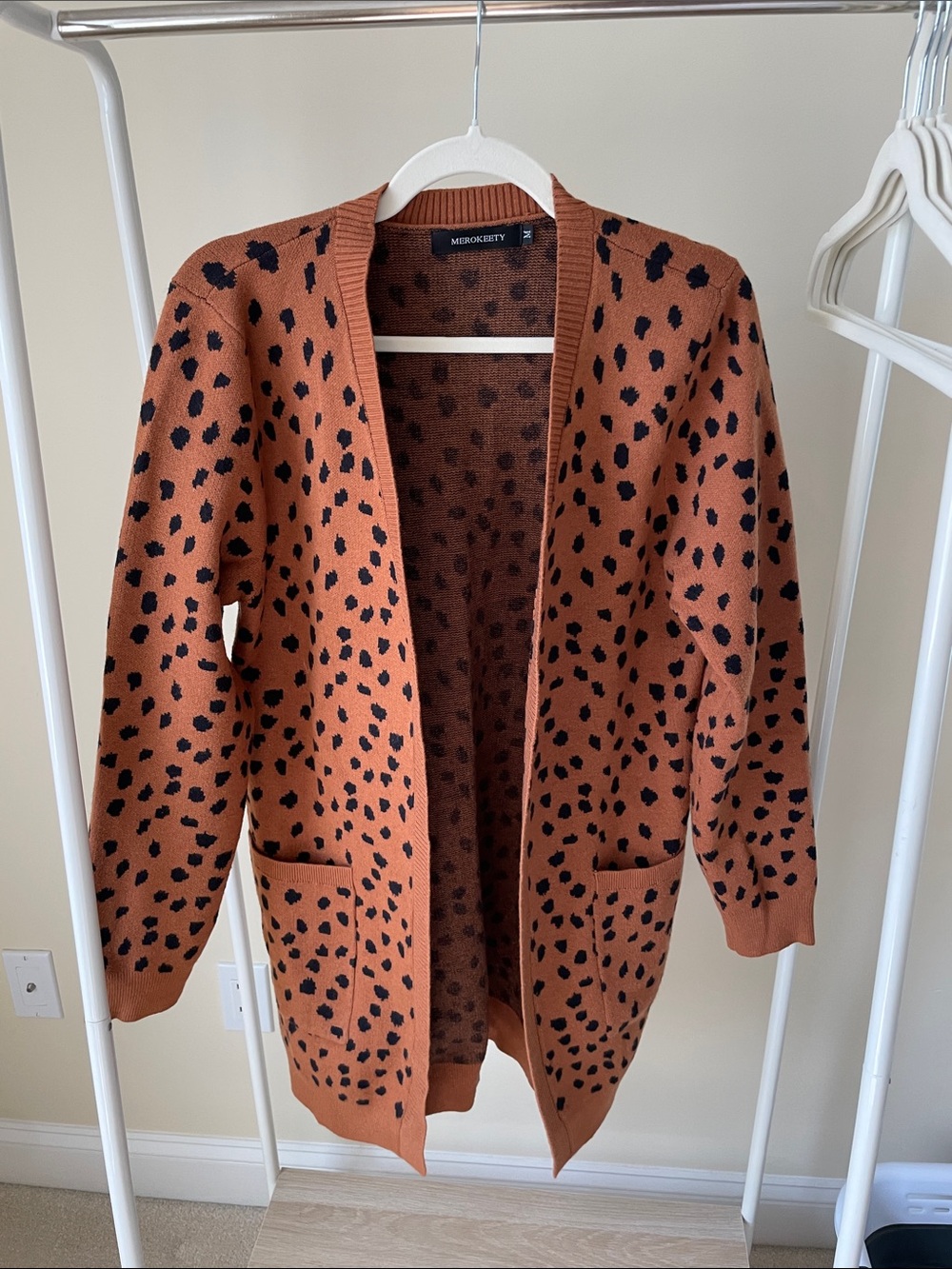 Merokeety Rust Leopard-Spot Open Cardigan with Front Pockets